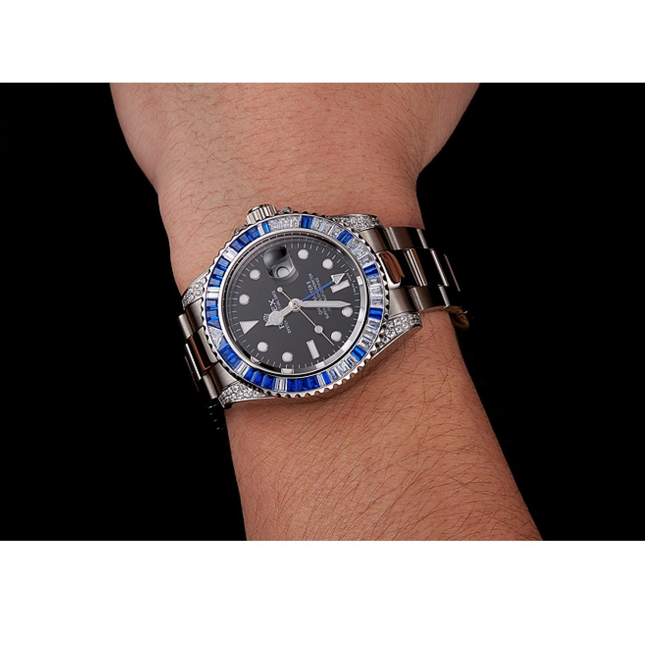 Aaa fake watches II Bezel Set 1453747 Dial Stainless GMT And Master Black Swiss Case Steel Stone Bracelet Rolex 0602
